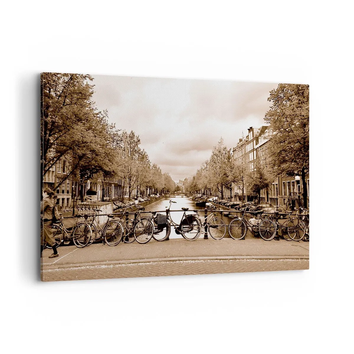 Quadro su tela - Stampe su Tela - Ponte ciclabile sul canale in seppia - 120x80cm - Atmosfera olandese - Decorazione murale moderna per soggiorno e camera da letto ARTTOR