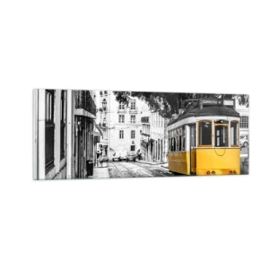 Quadro su vetro - Un tram giallo sullo sfondo di una strada bianca e nera - 140x50cm - Con il fado in sottofondo - Decorazione murale moderna per soggiorno e camera da letto ARTTOR