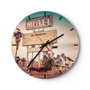 Orologio da parete - Orologio in Vetro - Insegna retrò di un motel con palme sullo sfondo su una strada deserta - 30x30cm - Qui il tempo si è fermato - Decorazione murale moderna per soggiorno, cucina e camera da letto ARTTOR