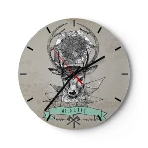 Orologio da parete - Orologio in Vetro - Cervo geometrico con la scritta Wild Life su sfondo grigio - 30x30cm - La visione di Sant'Uberto - Decorazione murale moderna per soggiorno, cucina e camera da letto ARTTOR