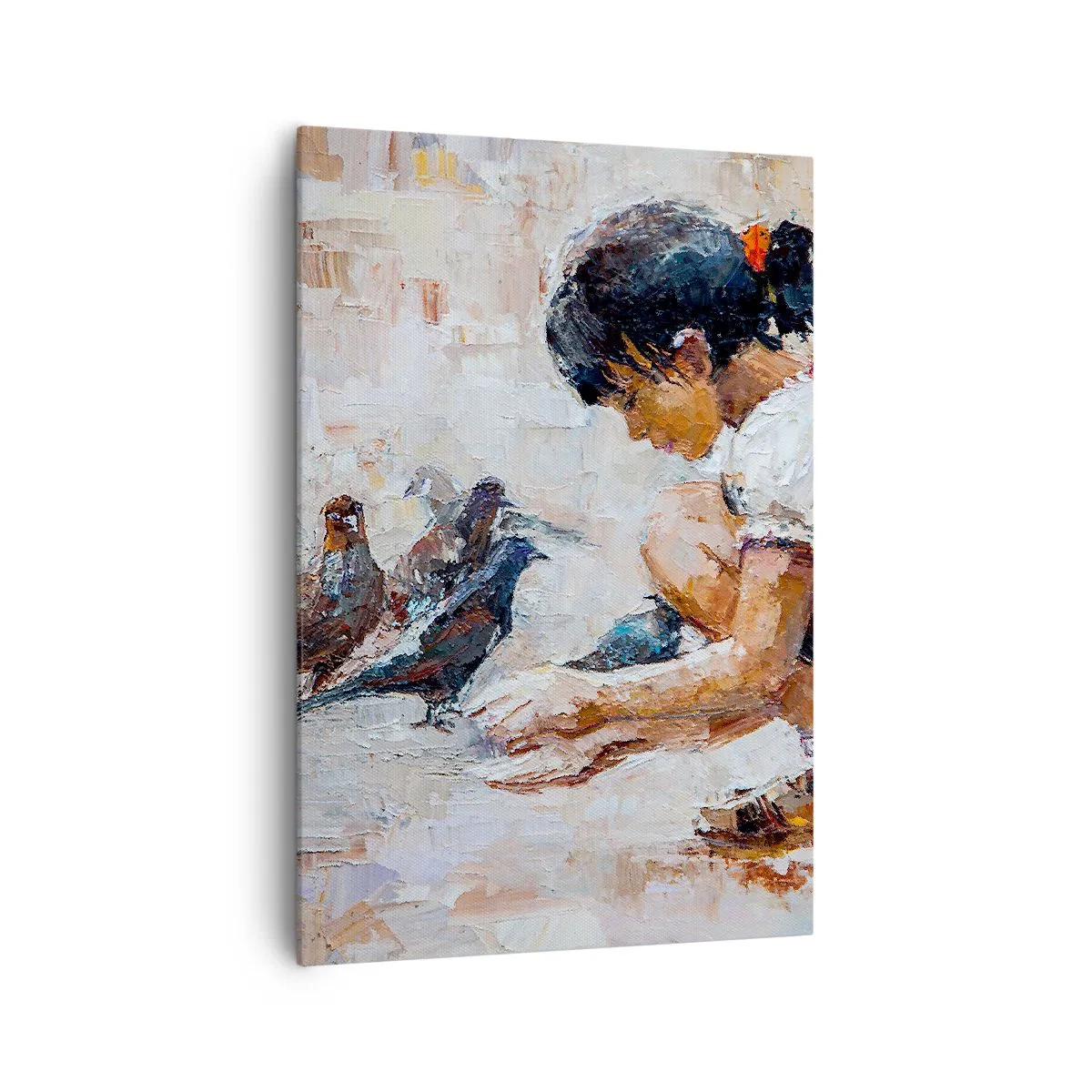 Quadro su tela - Stampe su Tela - Una ragazza che dà da mangiare agli uccelli in stile pittorico - 70x100cm - Piccoli e gentili - Decorazione murale moderna per soggiorno e camera da letto ARTTOR
