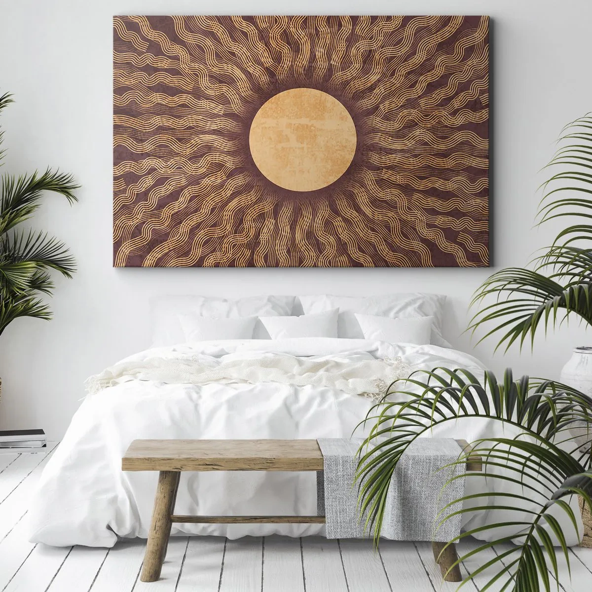 Quadro su tela - Stampe su Tela - Motivo soleggiato con raggi su uno sfondo nei toni del marrone - 120x80cm - L'icona del sole - Decorazione murale moderna per soggiorno e camera da letto ARTTOR