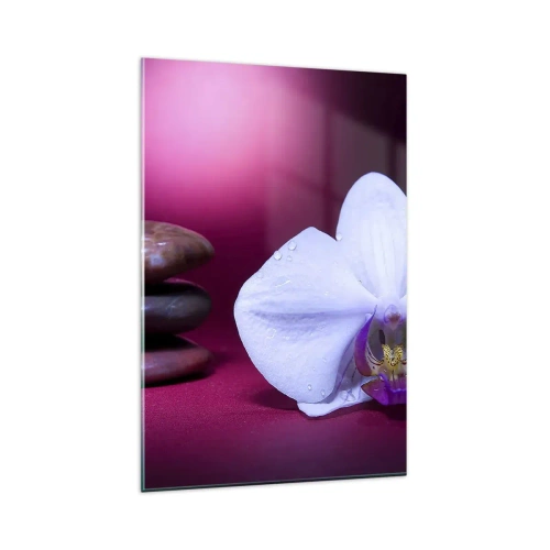 Quadro su vetro - Orchidea bianca e pietre su sfondo rosa - 80x120cm - Studio di freschezza in viola - Decorazione murale moderna per soggiorno e camera da letto ARTTOR