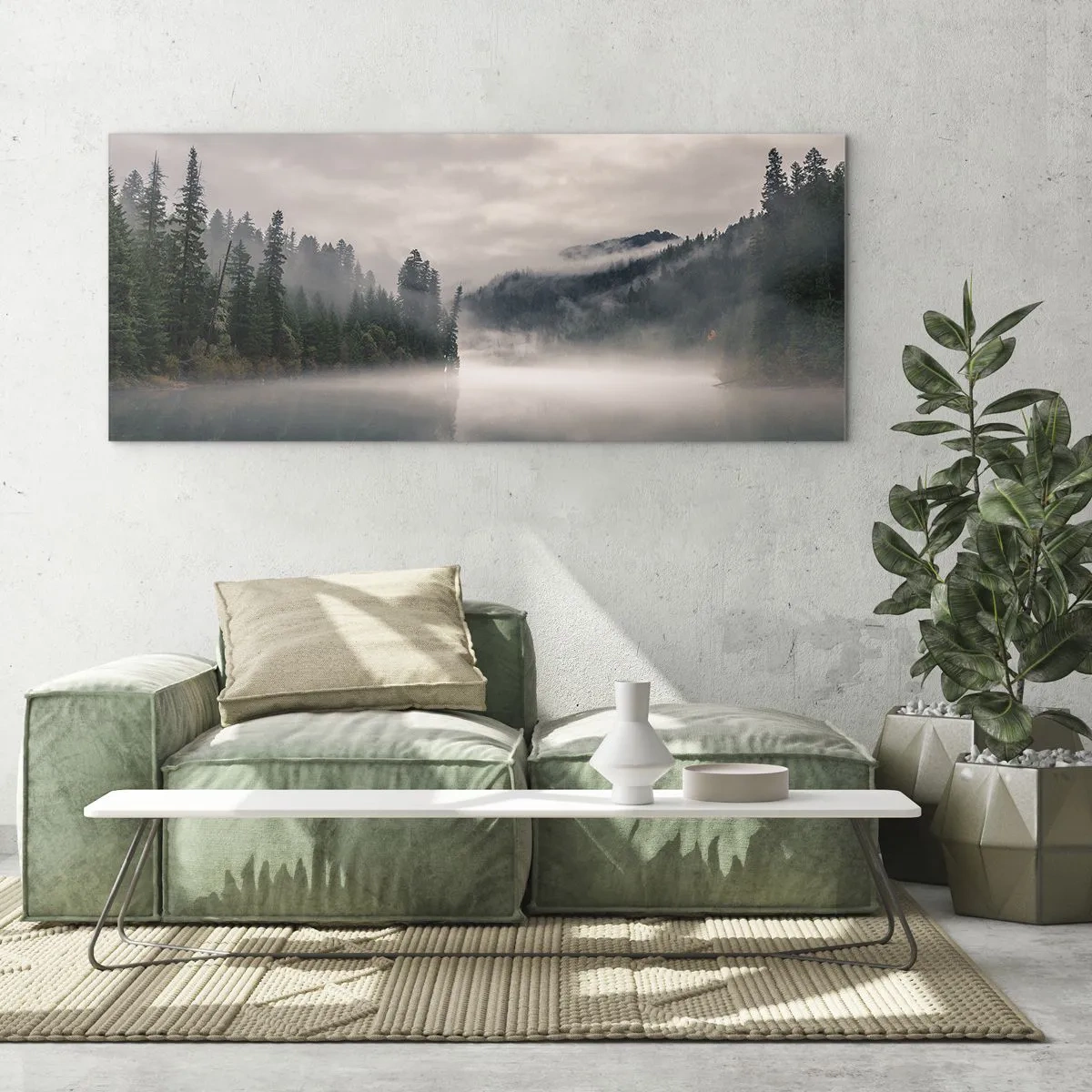 Quadro su vetro - Una foresta nebbiosa riflessa in un lago calmo - 140x50cm - Riflettendo nella nebbia - Decorazione murale moderna per soggiorno e camera da letto ARTTOR