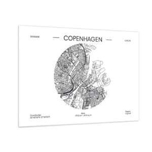 Quadro su vetro - Una mappa di Copenaghen sotto forma di schizzo grafico di una strada - 70x50cm - Anatomia di Copenaghen - Decorazione murale moderna per soggiorno e camera da letto ARTTOR