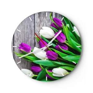 Orologio da parete - Orologio in Vetro - Un bouquet di tulipani viola e bianchi su uno sfondo di legno - 30x30cm - Nella festa della primavera - Decorazione murale moderna per soggiorno, cucina e camera da letto ARTTOR