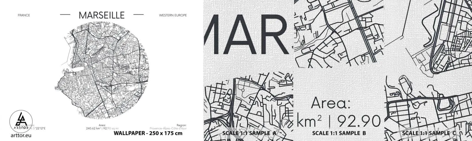 Campione di Fotomurale Premium Canvas - Anatomia di Marsiglia - Carta geografica, Marsiglia, Francia - 100x30 cm