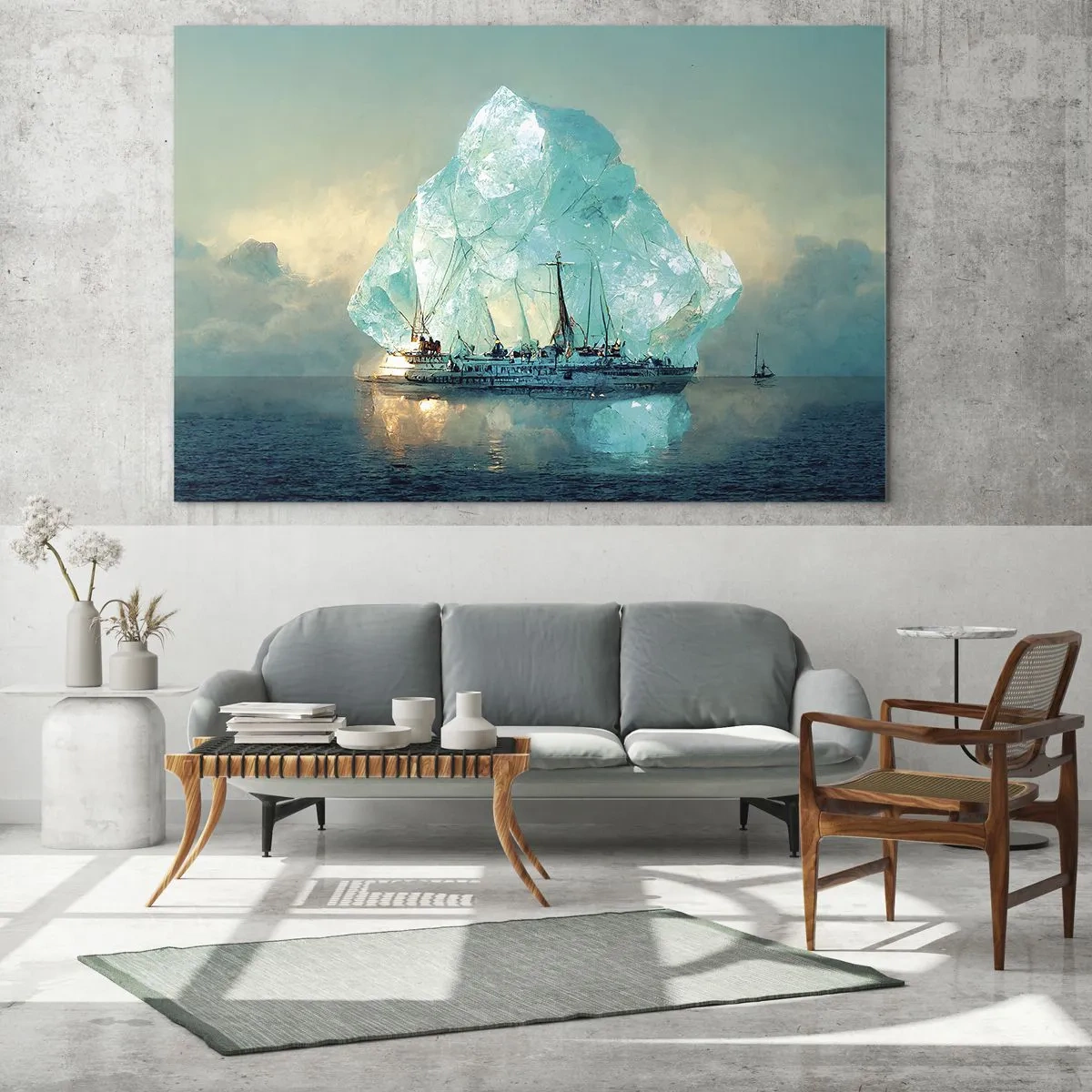 Quadro su vetro - Una nave a vela di fronte a un enorme ghiacciaio nella luce artica. - 120x80cm - Brillante artico - Decorazione murale moderna per soggiorno e camera da letto ARTTOR