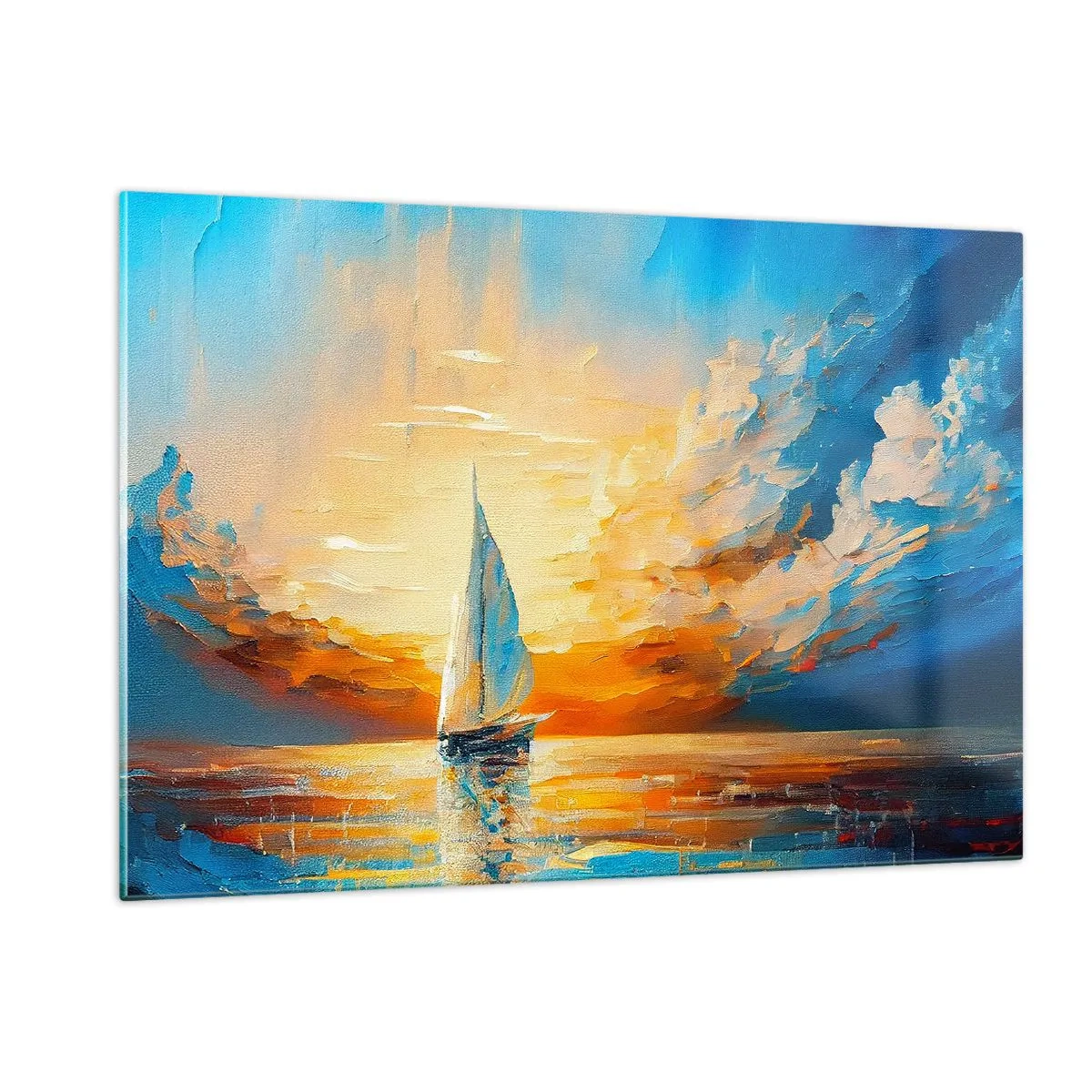Quadro su vetro - Una barca a vela in mare alla luce del sole al tramonto - 120x80cm - Navigando nell'oro - Decorazione murale moderna per soggiorno e camera da letto ARTTOR