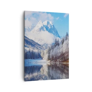 Quadro su tela - Stampe su Tela - Paesaggio montano invernale con alberi innevati e un lago - 50x70cm - Il custode innevato - Decorazione murale moderna per soggiorno e camera da letto ARTTOR
