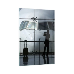 Quadro su vetro - Aeroporto con sagome di persone e vista dell'aereo - 70x100cm - Faccia a faccia in aeroporto - Decorazione murale moderna per soggiorno e camera da letto ARTTOR