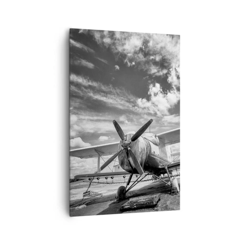 Quadro su tela - Stampe su Tela - Un vecchio aereo all'aeroporto in bianco e nero - 80x120cm - Non vedo l'ora! - Decorazione murale moderna per soggiorno e camera da letto ARTTOR