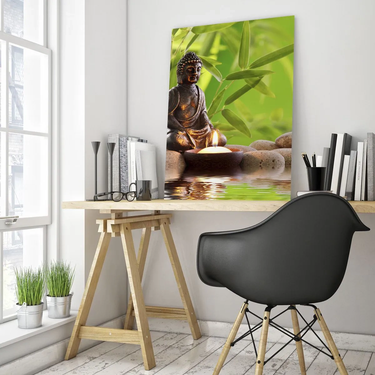 Quadro su vetro - Una figura di Buddha con una candela accesa in un ambiente verde - 50x70cm - La vita è bella - Decorazione murale moderna per soggiorno e camera da letto ARTTOR