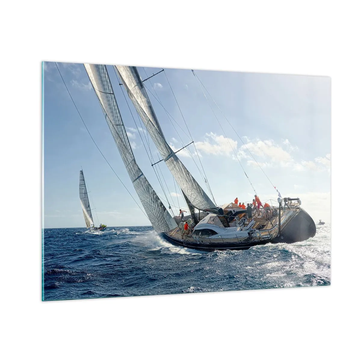 Quadro su vetro - Yacht da regata in mare aperto con il vento in poppa - 100x70cm - Che vinca il migliore - Decorazione murale moderna per soggiorno e camera da letto ARTTOR