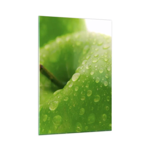 Quadro su vetro - Primo piano di una mela verde con gocce d'acqua - 80x120cm - Rinfrescante verde freschezza - Decorazione murale moderna per soggiorno e camera da letto ARTTOR