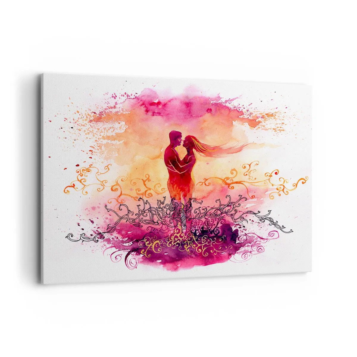 Quadro su tela - Stampe su Tela - Una coppia abbracciata su uno sfondo astratto rosa e arancione - 120x80cm - Un unico cuore! Mi basta così poco... - Decorazione murale moderna per soggiorno e camera da letto ARTTOR