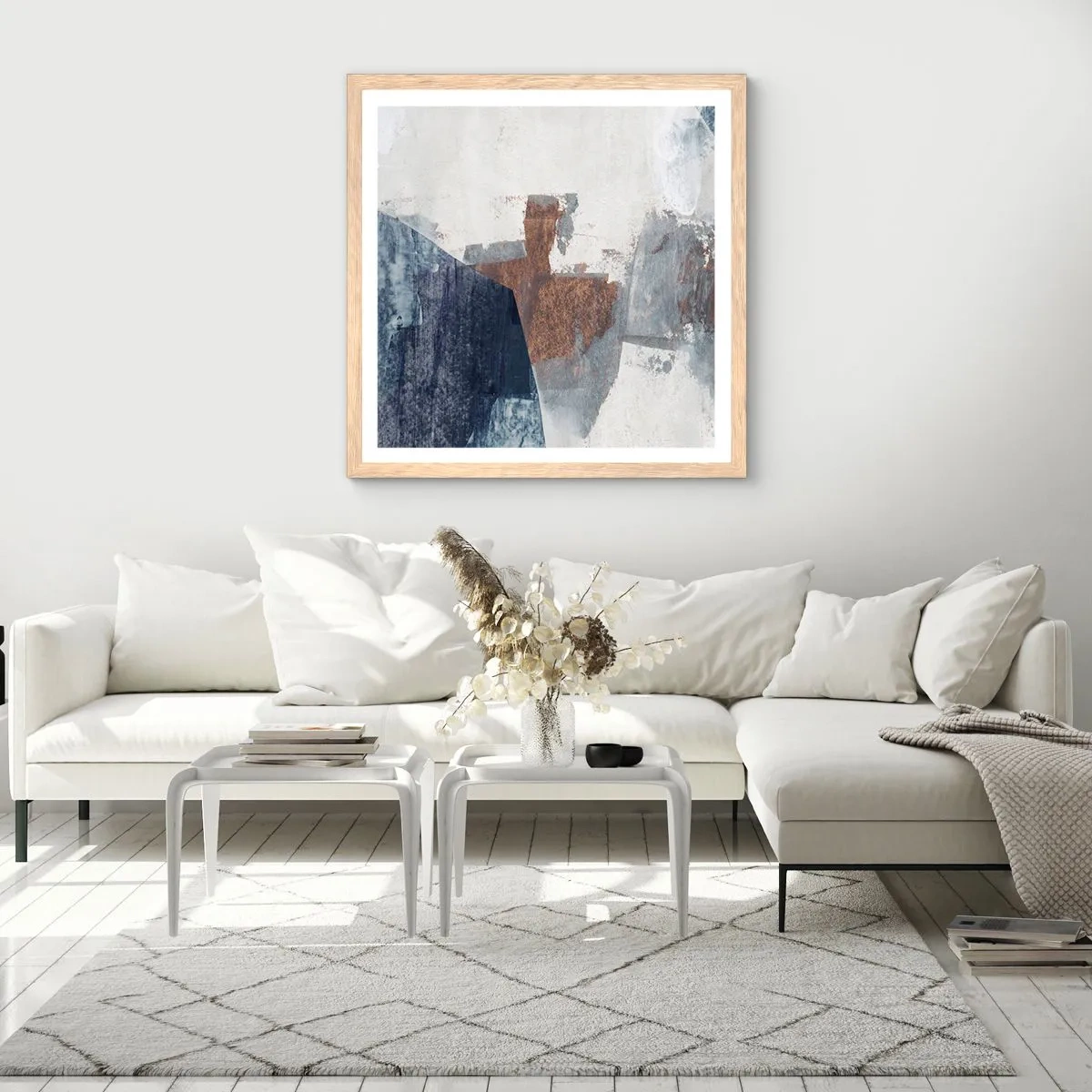 Poster in cornice rovere chiaro - Forme blu e marroni - 60x60 cm