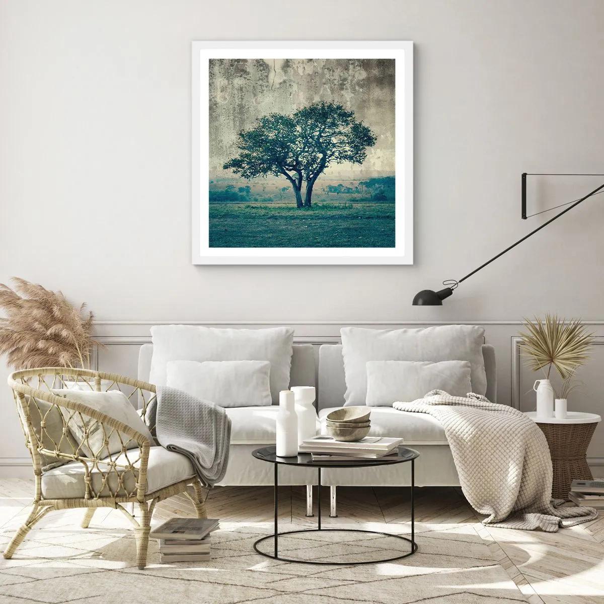 Poster in cornice bianca - Un melo su un prato blu? - 60x60 cm