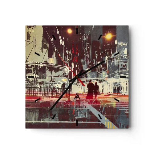 Orologio da parete - Orologio in Vetro - Città di notte con luci al neon e sagome di persone per strada - 30x30cm - Viaggio nella grande città - Decorazione murale moderna per soggiorno e camera da letto ARTTOR