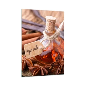 Quadro su vetro - Bottiglia di olio e spezie in stile ayurvedico - 50x70cm - Verso l'unità del corpo e dell'anima - Decorazione murale moderna per soggiorno e camera da letto ARTTOR