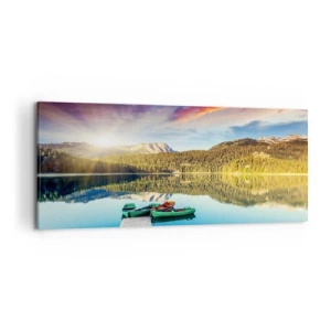 Quadro su tela - Stampe su Tela - Tramonto sul lago con barche al molo - 120x50cm - Sull'acqua liscia come uno specchio - Decorazione murale moderna per soggiorno e camera da letto ARTTOR