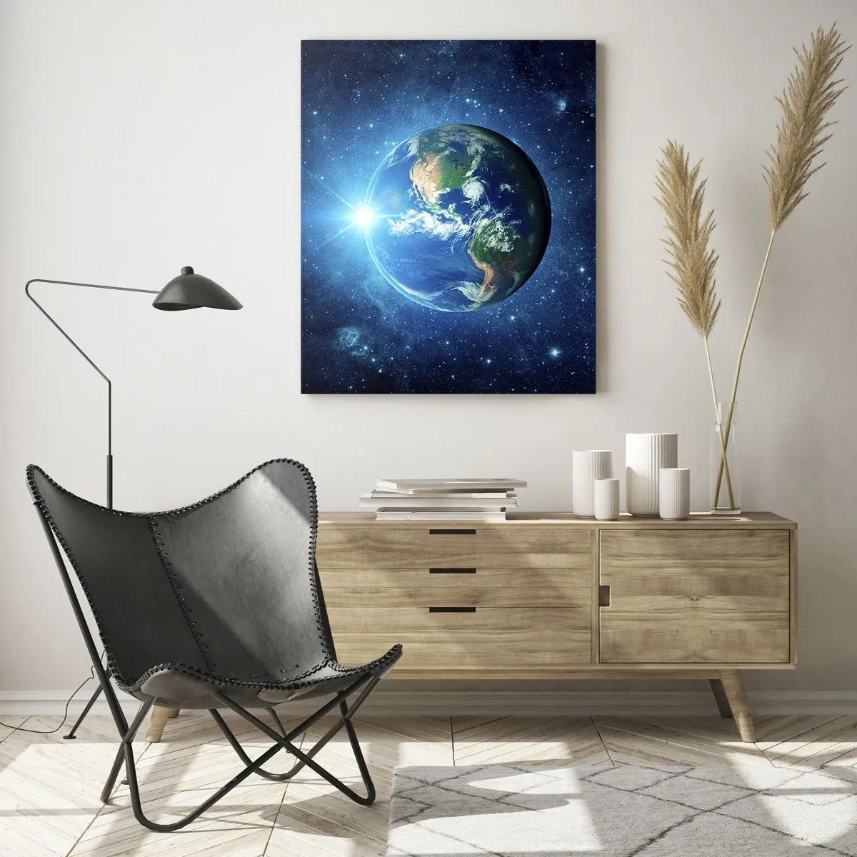 Quadro su vetro - La Terra vista dallo spazio con raggi di luce - 50x70cm - Siamo in cielo - Decorazione murale moderna per soggiorno e camera da letto ARTTOR