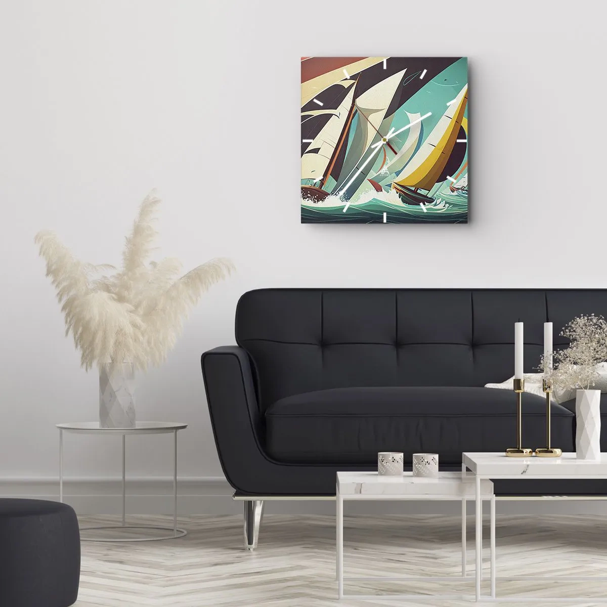 Orologio da parete - Orologio in Vetro - Un'illustrazione dinamica di barche a vela in un mare in tempesta. - 30x30cm - Compagne degli elementi - Decorazione murale moderna per soggiorno e camera da letto ARTTOR