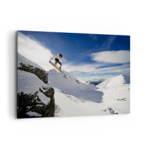 Quadro su tela - Stampe su Tela - Uno snowboarder salta da una scogliera con montagne innevate sullo sfondo. - 100x70cm - Libertà senza confini - Decorazione murale moderna per soggiorno e camera da letto ARTTOR