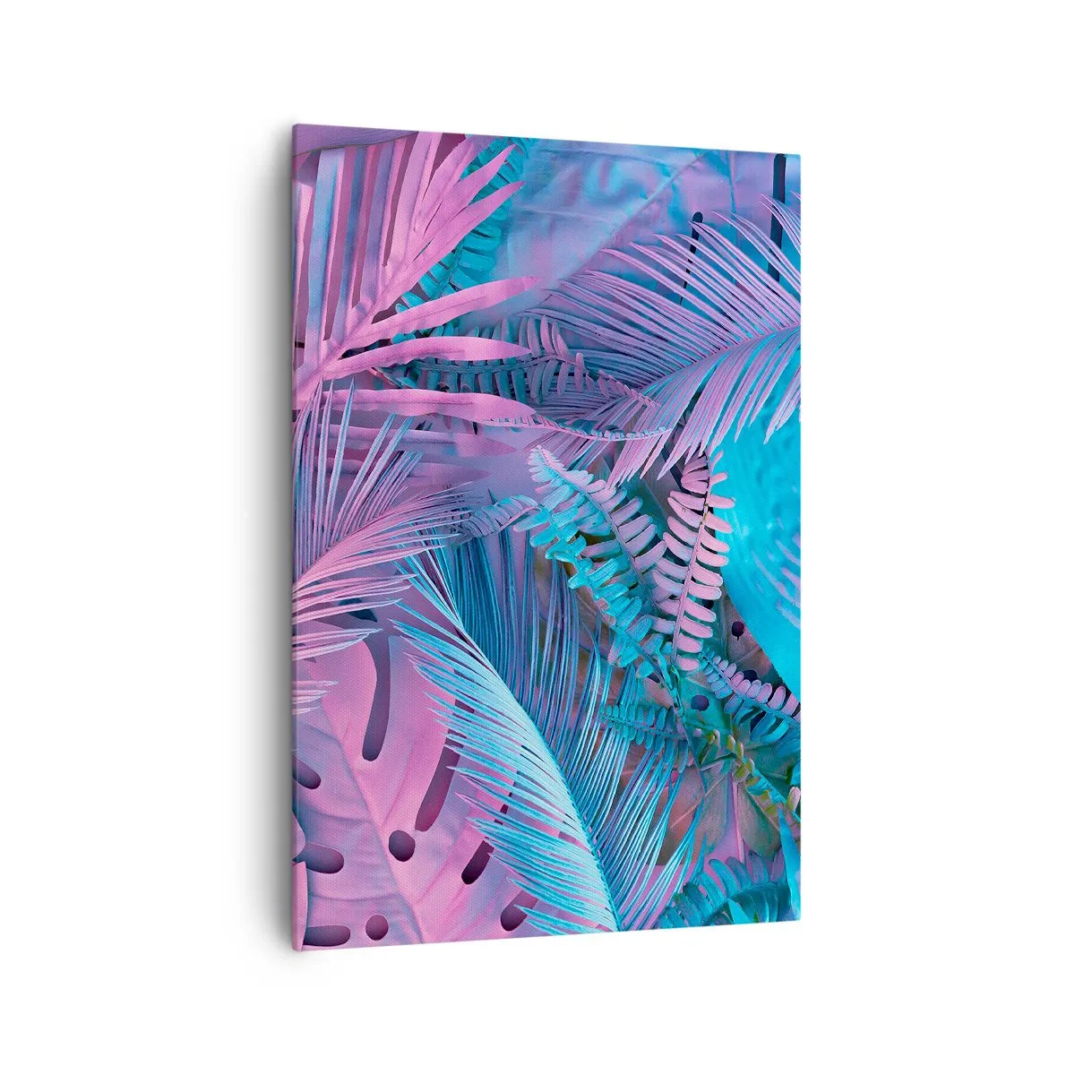 Quadro su tela - Stampe su Tela - Foglie tropicali nelle tonalità del rosa e del blu - 70x100cm - Tropici in rosa e blu - Decorazione murale moderna per soggiorno e camera da letto ARTTOR