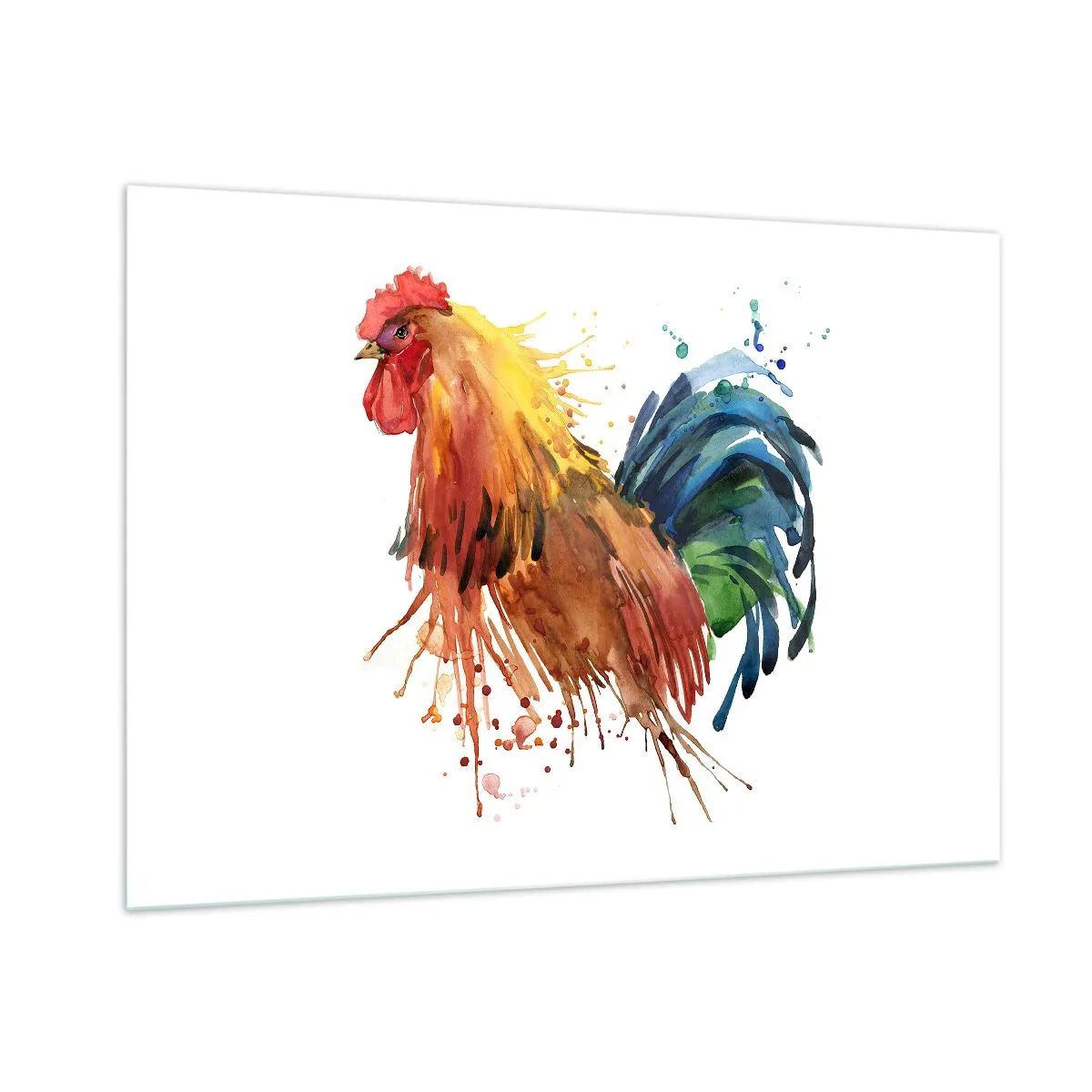Quadro su vetro - Gallo acquerello dai colori vivaci su sfondo bianco - 100x70cm - Abito reale, orgoglio reale - Decorazione murale moderna per soggiorno e camera da letto ARTTOR