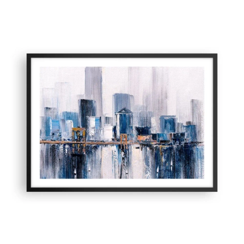 Poster in cornice nera - Panorama urbano astratto con sfumature di blu e giallo - 70x50cm - Impressione di New York - Decorazione murale moderna per soggiorno e camera da letto ARTTOR
