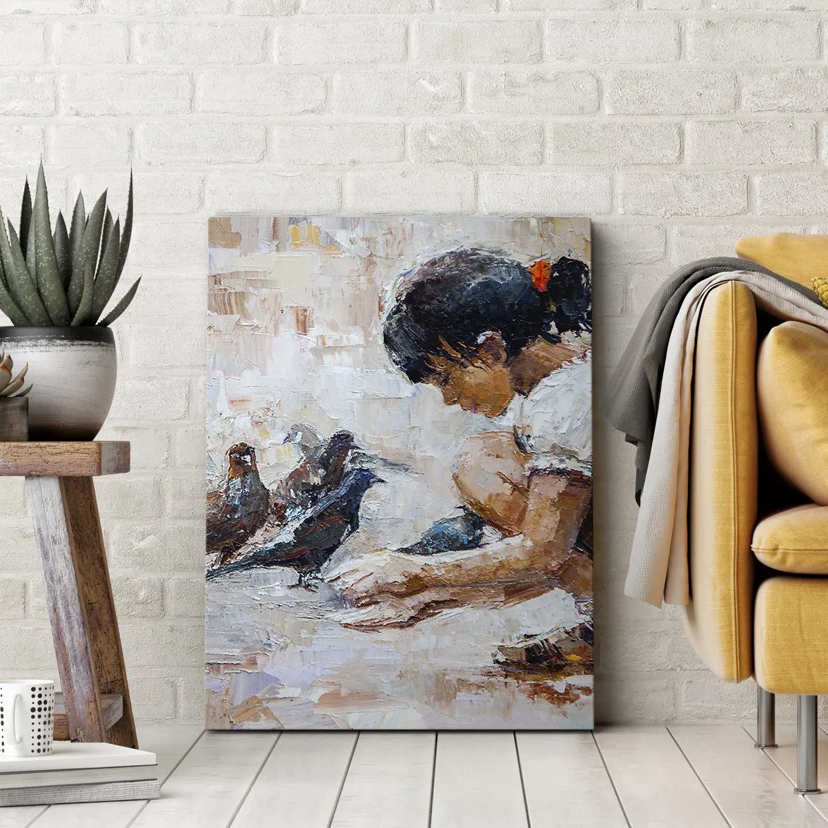 Quadro su tela - Stampe su Tela - Una ragazza che dà da mangiare agli uccelli in stile pittorico - 50x70cm - Piccoli e gentili - Decorazione murale moderna per soggiorno e camera da letto ARTTOR