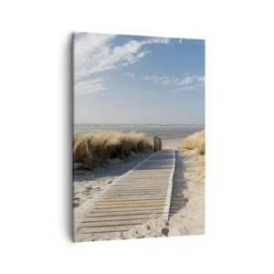 Quadro su tela - Stampe su Tela - Un sentiero di legno conduce attraverso le dune fino al mare calmo - 50x70cm - Dopo la duna, nel fruscio dell'erba - Decorazione murale moderna per soggiorno e camera da letto ARTTOR