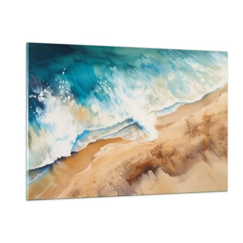 Quadro su vetro - Vista dall'alto di un'onda blu del mare che si infrange contro una riva sabbiosa - 120x80cm - L'onda che ritorna - Decorazione murale moderna per soggiorno e camera da letto ARTTOR