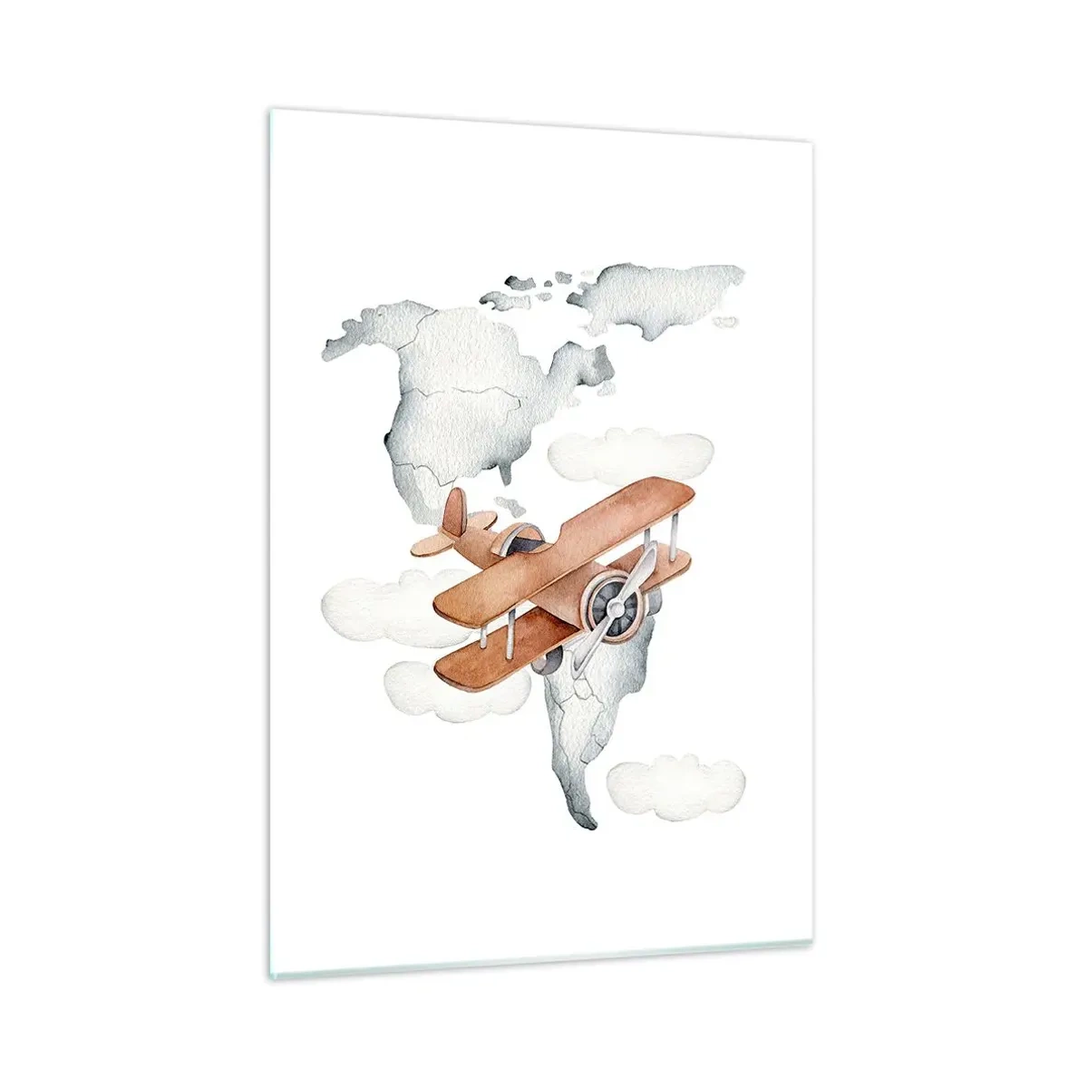 Quadro su vetro - Mappa del mondo con aereo retrò per bambini - 50x70cm - Nello spirito dei pionieri - Decorazione murale moderna per soggiorno e camera da letto ARTTOR
