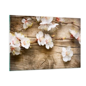Quadro su vetro - Rami di ciliegi in fiore su uno sfondo di legno - 120x80cm - Ed è giunta la primavera - Decorazione murale moderna per soggiorno e camera da letto ARTTOR
