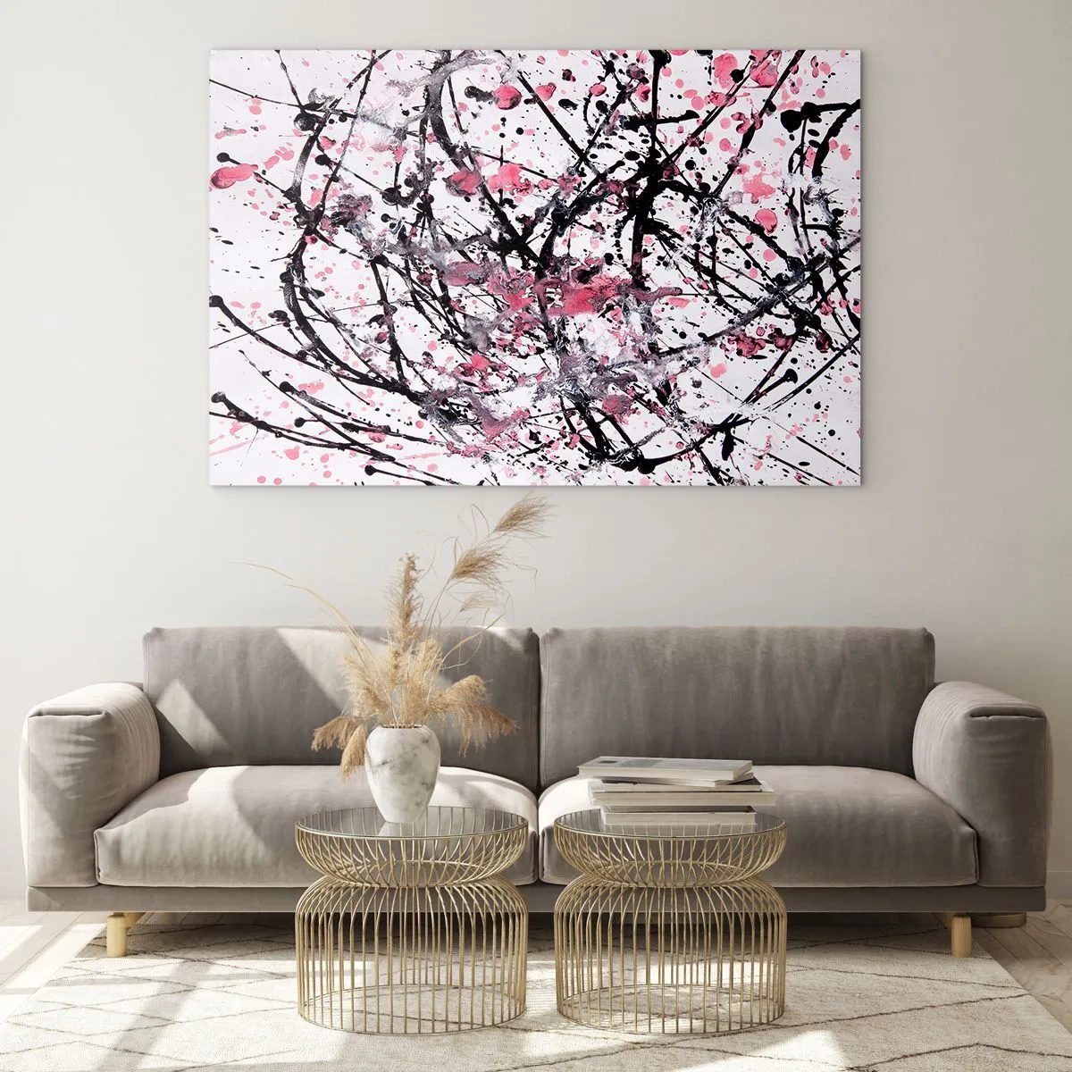 Quadro su vetro - Linee astratte dinamiche e macchie rosa su sfondo bianco - 120x80cm - La natura passeggera della vita - Decorazione murale moderna per soggiorno e camera da letto ARTTOR