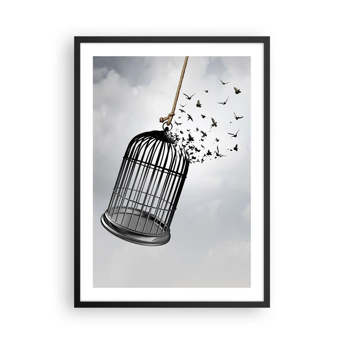 Poster in cornice nera - Uccelli che volano fuori da una gabbia aperta su uno sfondo di nuvole - 50x70cm - Fede... Speranza... Libertà! - Decorazione murale moderna per soggiorno e camera da letto ARTTOR