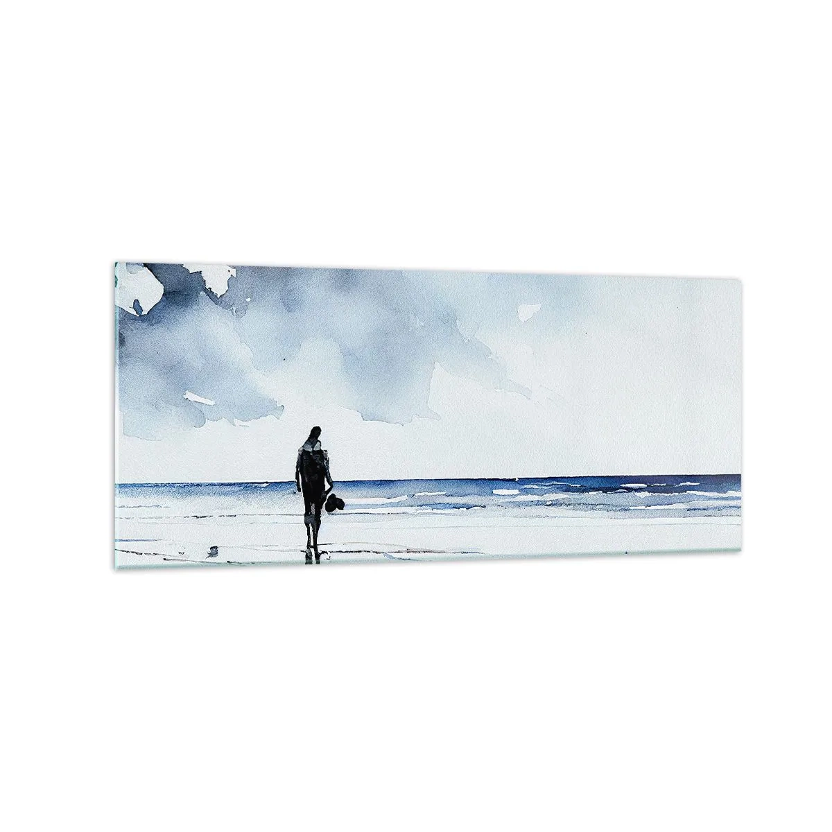 Quadro su vetro - Una figura su una spiaggia in un ambiente marino calmo - 120x50cm - Dialogo con il mare - Decorazione murale moderna per soggiorno e camera da letto ARTTOR