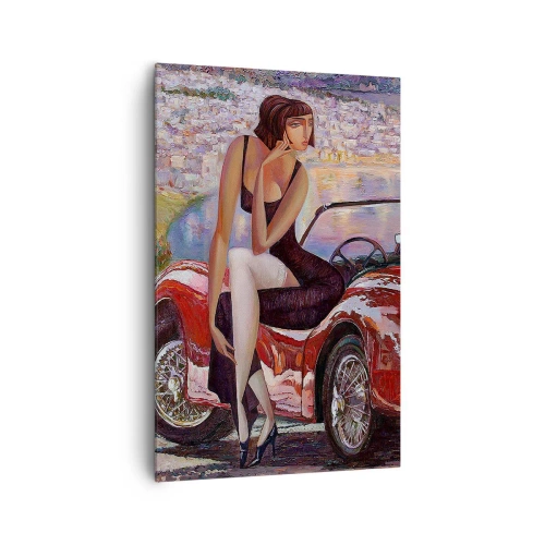 Quadro su tela - Stampe su Tela - Una donna vicino a un'auto rossa con una città sullo sfondo - 80x120cm - Estate? Solo sulla Riviera - Decorazione murale moderna per soggiorno e camera da letto ARTTOR