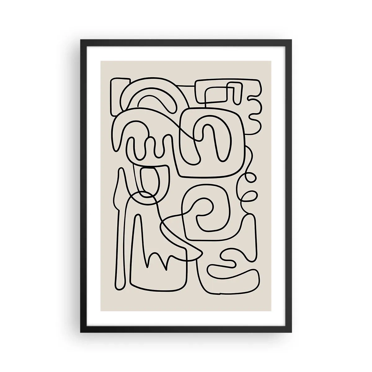 Poster in cornice nera - Astrazione moderna sotto forma di una linea nera su uno sfondo beige - 50x70cm - Segui il percorso - Decorazione murale moderna per soggiorno e camera da letto ARTTOR