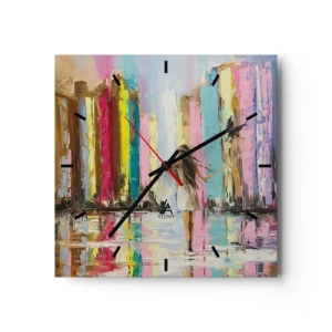 Orologio da parete - Orologio in Vetro - Una città colorata e una donna in abito bianco con un uccello - 30x30cm - Seguimi - Decorazione murale moderna per soggiorno e camera da letto ARTTOR