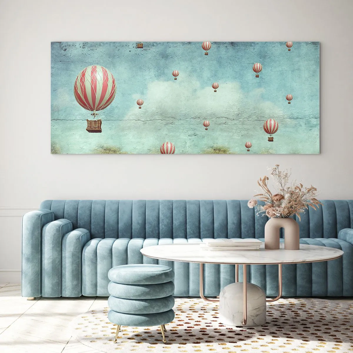 Quadro su vetro - Palloncini retrò su uno sfondo di cielo blu e verde - 120x50cm - Liberi dal tumulto della vita - Decorazione murale moderna per soggiorno e camera da letto ARTTOR