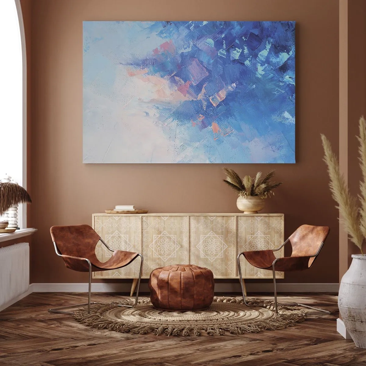 Quadro su tela - Stampe su Tela - Composizione astratta nei toni del blu e del rosa - 70x50cm - Astrazione invernale - Decorazione murale moderna per soggiorno e camera da letto ARTTOR