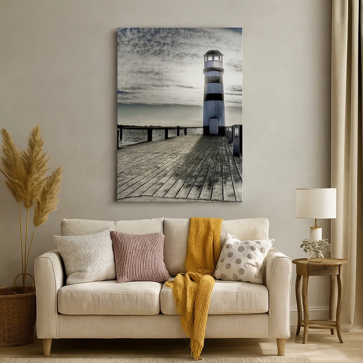 Quadro su tela - Stampe su Tela - Faro su un molo di legno con vista sul mare. - 50x70cm - Marinai, vi aspettiamo - Decorazione murale moderna per soggiorno e camera da letto ARTTOR