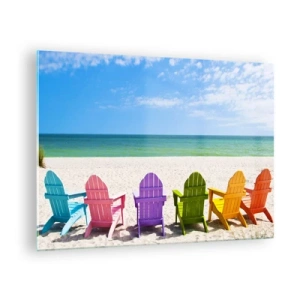 Quadro su vetro - Sedie colorate su una spiaggia sabbiosa con vista sul mare - 70x50cm - Spiaggia arcobaleno - Decorazione murale moderna per soggiorno e camera da letto ARTTOR
