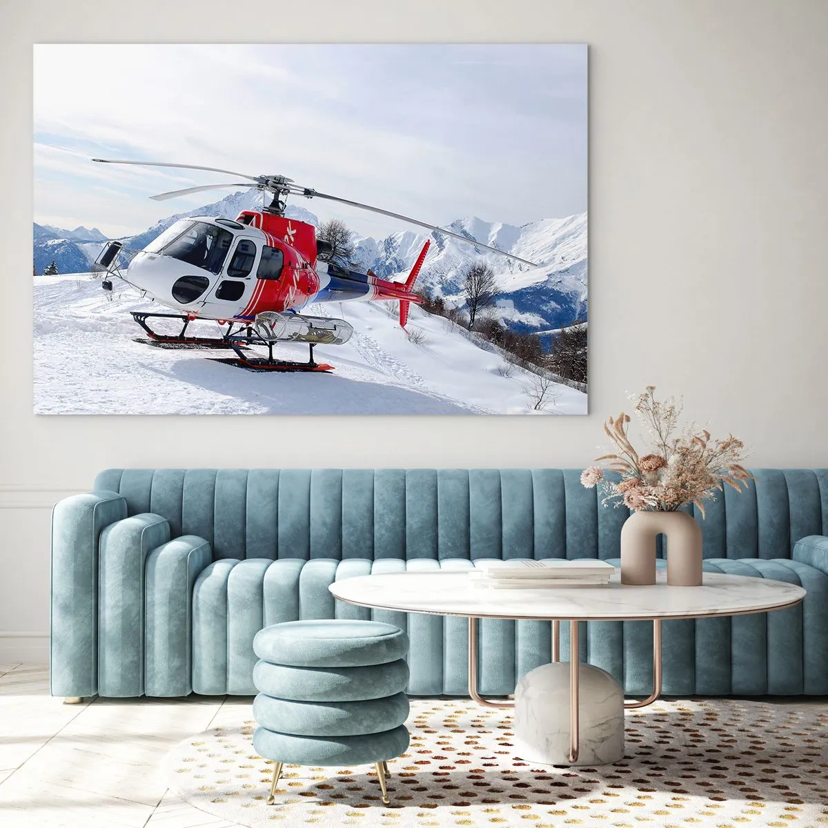 Quadro su vetro - Un elicottero rosso in uno scenario montano invernale - 70x50cm - Sempre pronto - Decorazione murale moderna per soggiorno e camera da letto ARTTOR