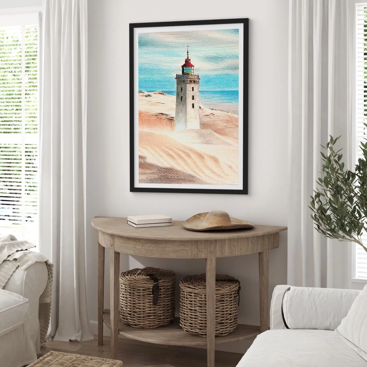 Poster in cornice nera - Un faro sullo sfondo di dune di sabbia e cielo azzurro - 50x70cm - Sempre guardando il mare - Decorazione murale moderna per soggiorno e camera da letto ARTTOR