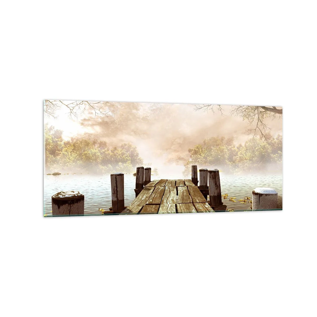 Quadro su vetro - Un molo di legno che conduce a un lago calmo nella nebbia mattutina - 120x50cm - La mite melanconia autunnale - Decorazione murale moderna per soggiorno e camera da letto ARTTOR