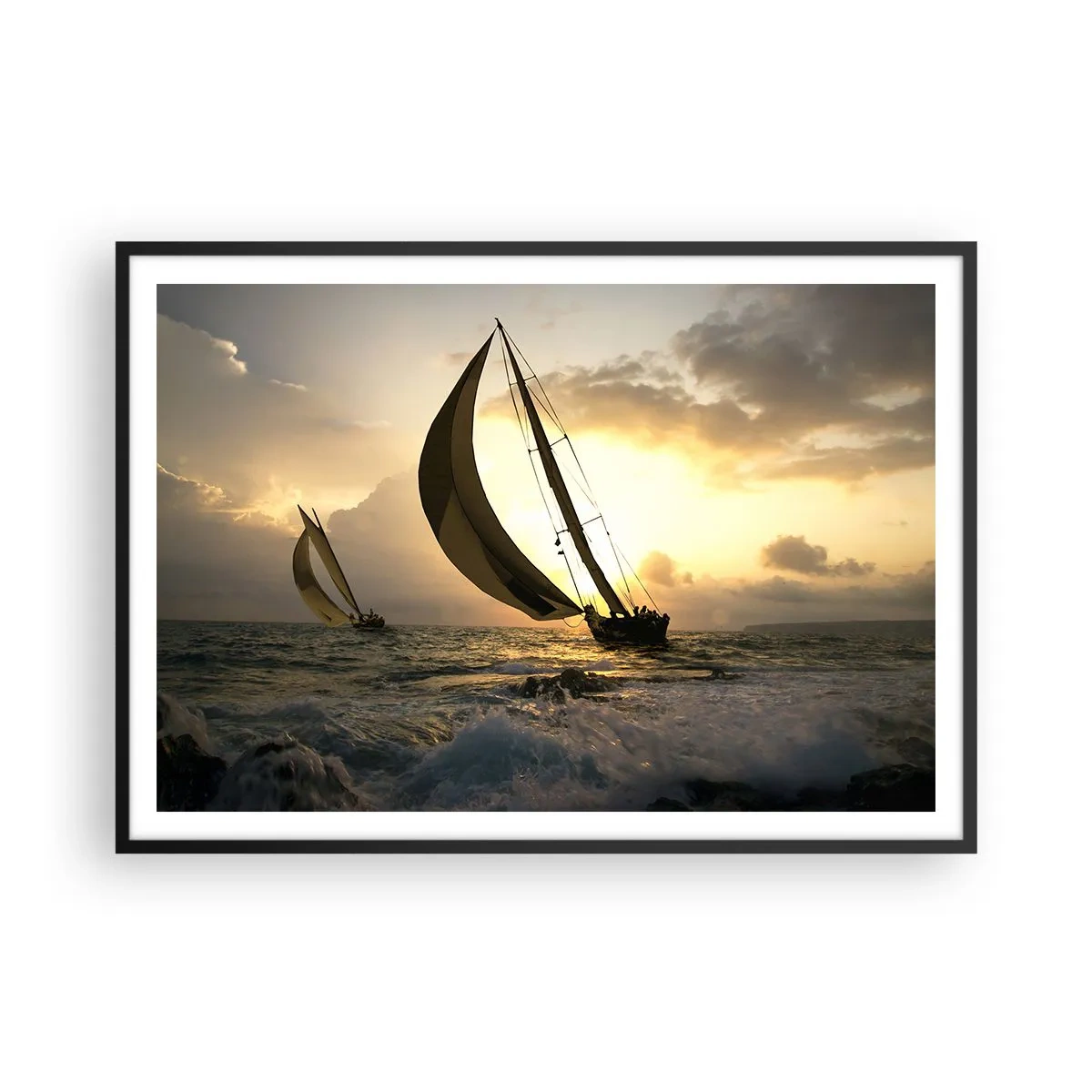Poster in cornice nera - Barche a vela in mare al tramonto - 100x70cm - Con il vento e controvento - Decorazione murale moderna per soggiorno e camera da letto ARTTOR